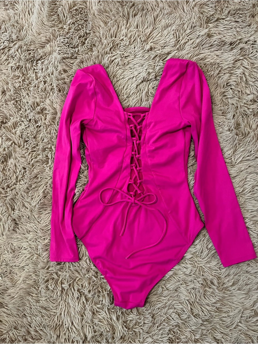 TA3 Squarey Pink Long Sleeve Lace-Up Back One-Piece Bodysuit L - Picture 4 of 7